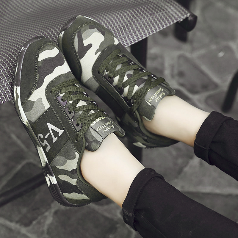 秋冬季韩版系带迷彩隐形内增高运动鞋女鞋真皮学生旅游鞋