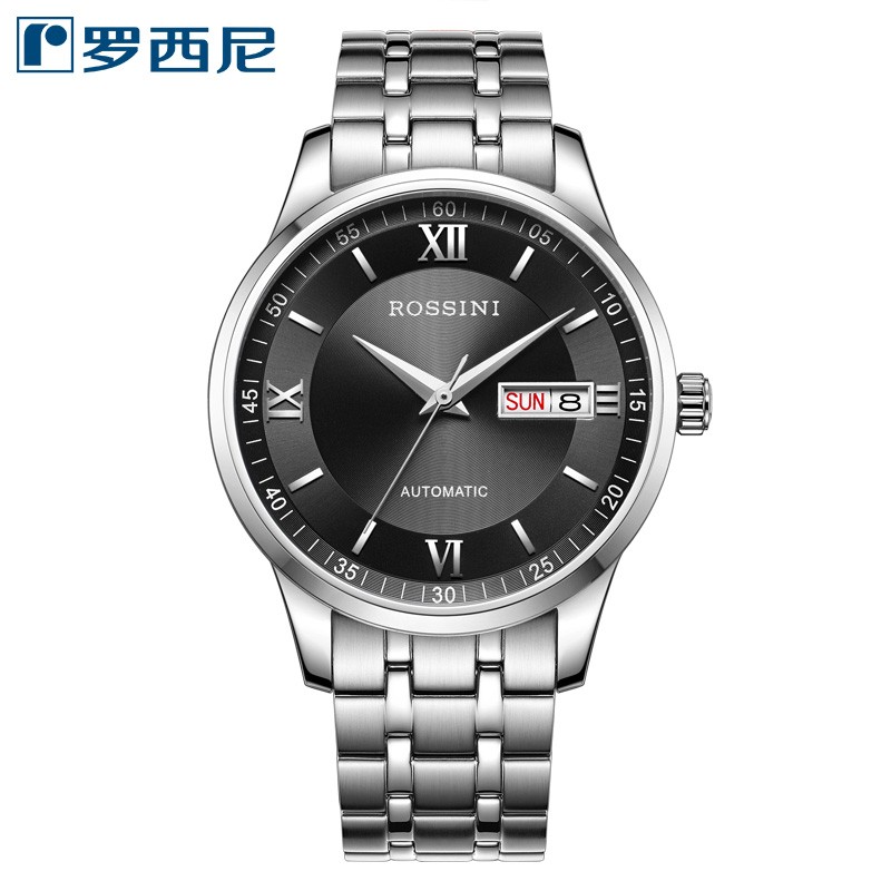 罗西尼(ROSSINI)手表启迪系列钢带手表男表进口机芯双历机械情侣表