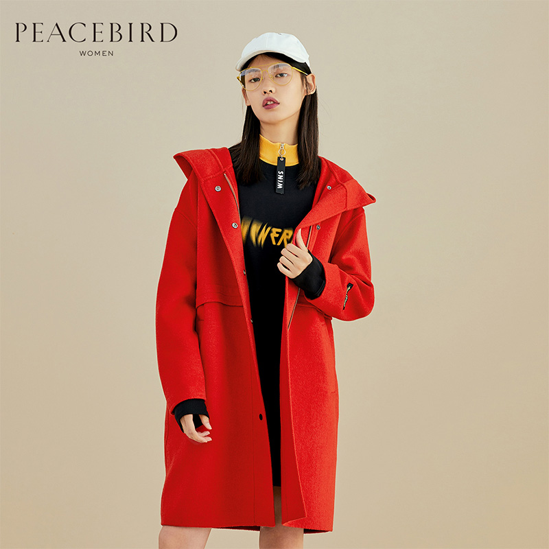 红色连帽单排扣双面呢大衣女中长款秋冬新款直筒毛呢外套女