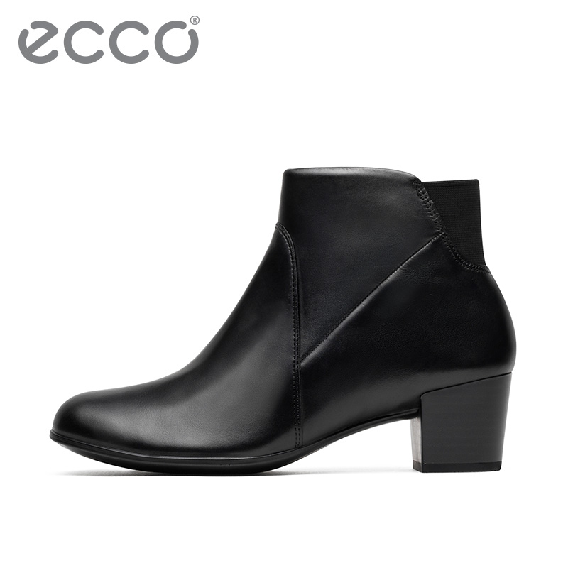 ECCO爱步秋冬纯色粗跟牛皮短靴女 简约中跟侧拉链女靴 型塑35摩登273033