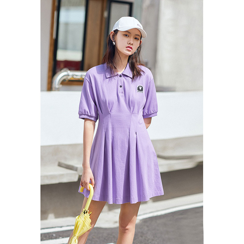 太平鸟女装紫色短袖直筒polo连衣裙女夏装2019新款欧美风中长款裙