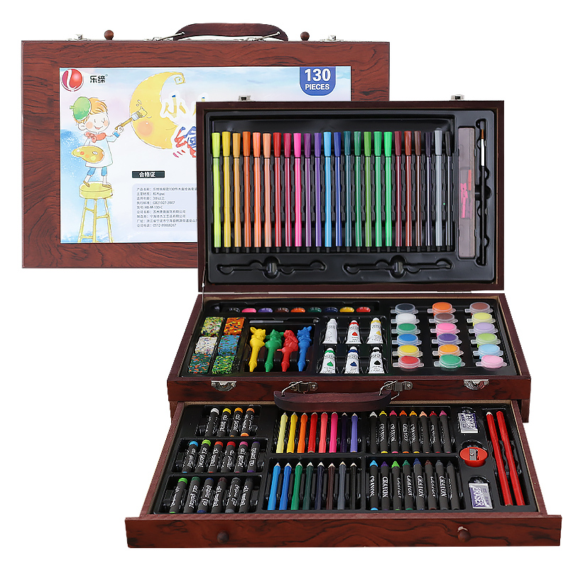 乐缔儿童画画套装 抽屉款130件木盒绘画套装文具 画画玩具 画笔蜡笔水彩笔文具