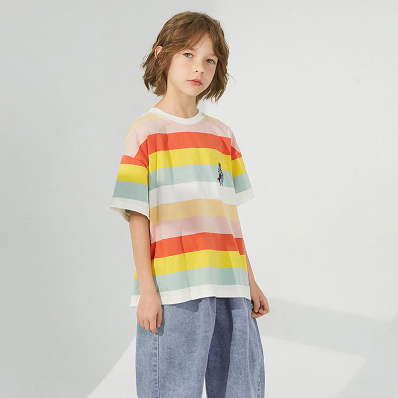 植木童装男童短袖T恤儿童条纹彩虹上衣薄款透气中大童