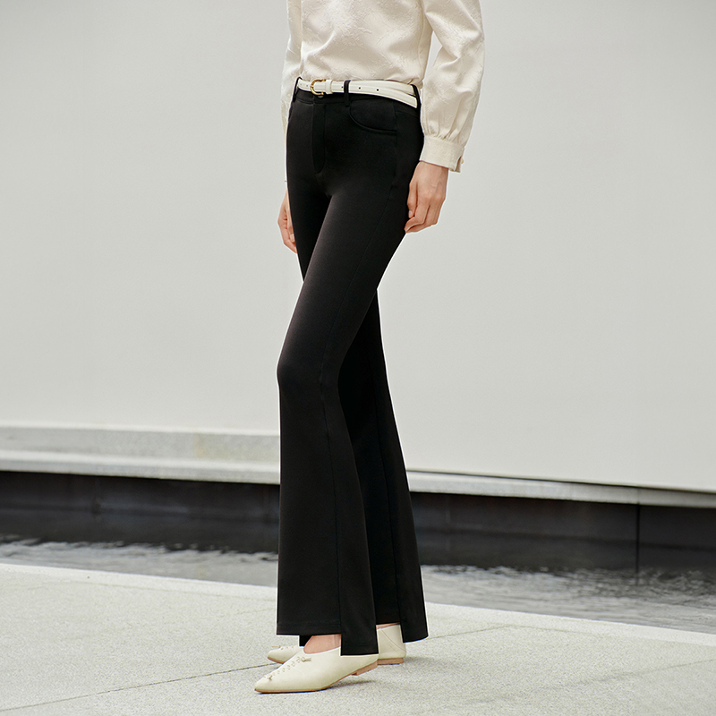 茵曼通勤设计感西裤女秋季高腰弹力微喇叭黑色长裤